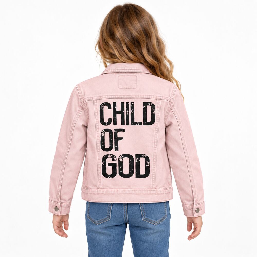 Child of God Custom Christian Upcycled Pale Pink Denim Jacket, Kids S/8